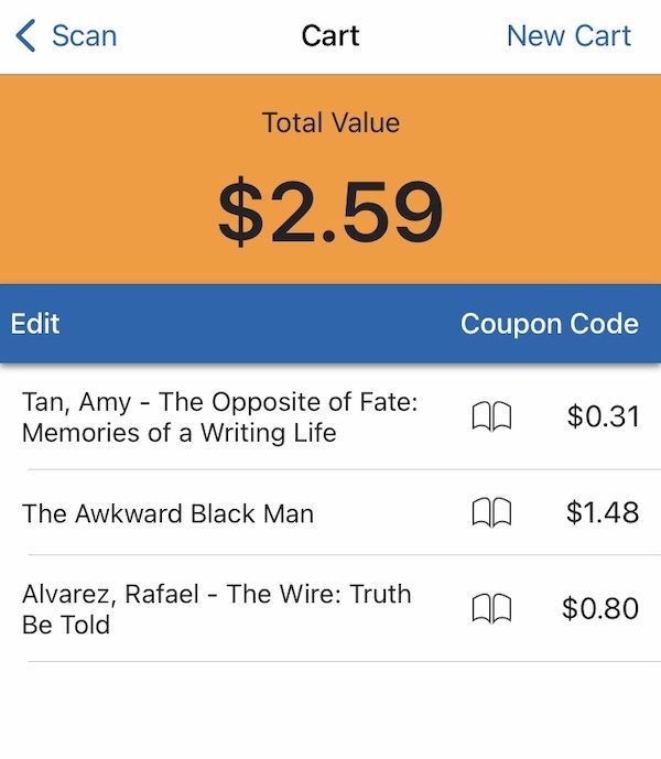 Ziffit App Screen, with a value posted in orange above three books scanned in to sell. 