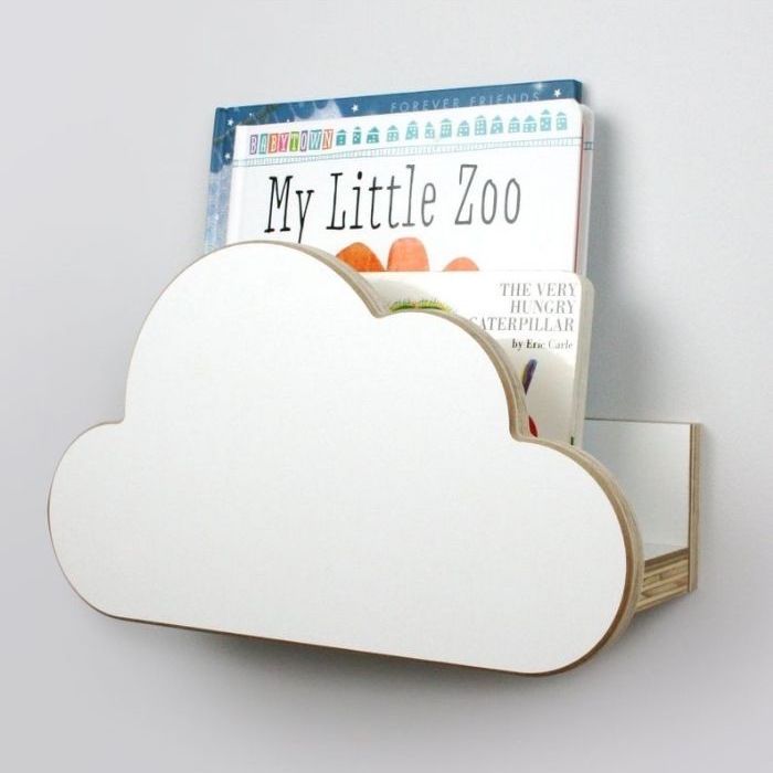 Wooden book rack with cloud-shaped front panel