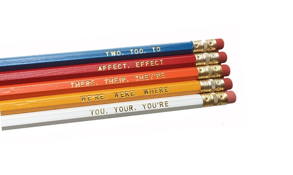 set of five color pencils with grammar reminders 