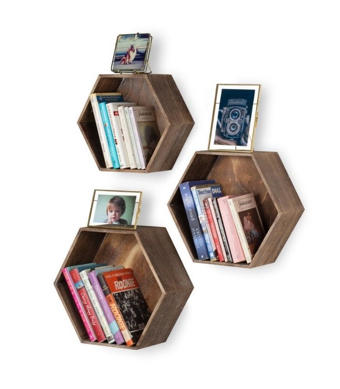 Set of three hexagonal wooden shelves