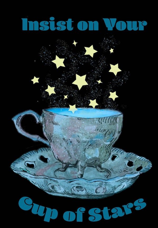 on a black background sits a teacup that almost looks alive. stars are floating out of it.