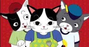 cross section from cover of No Kimchi for Me! by Aram Kima showing three illustrated cats