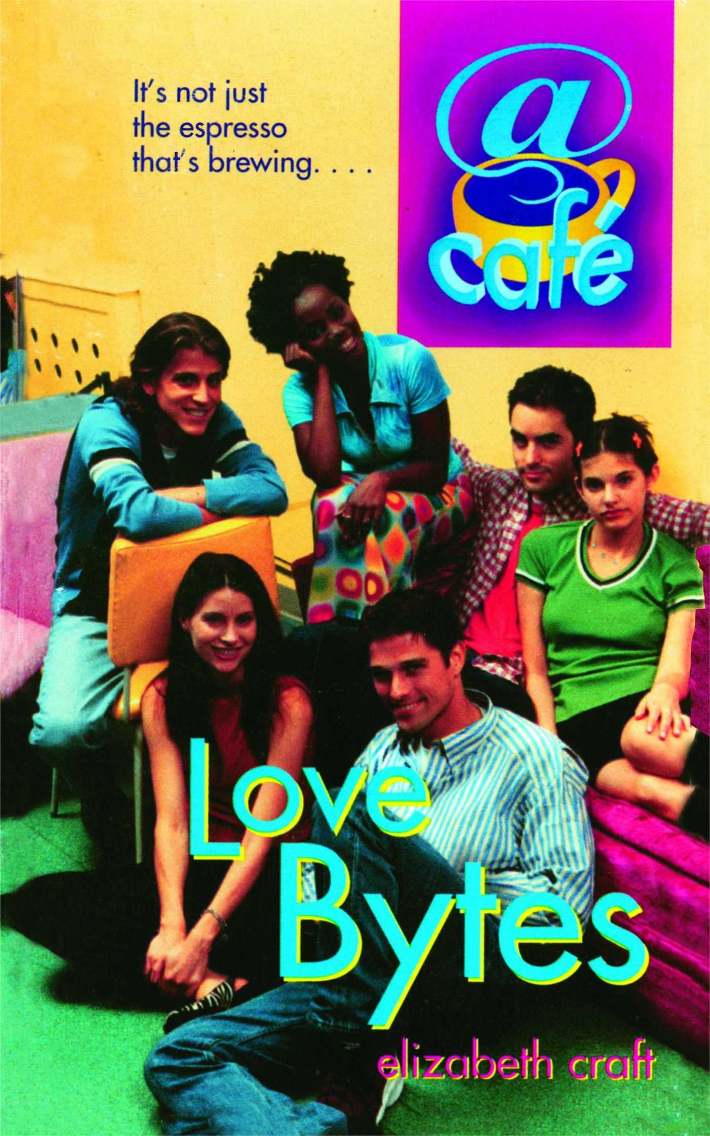 Image of the book cover for LOVE BYTES, featuring a group of teens sitting in a cafe