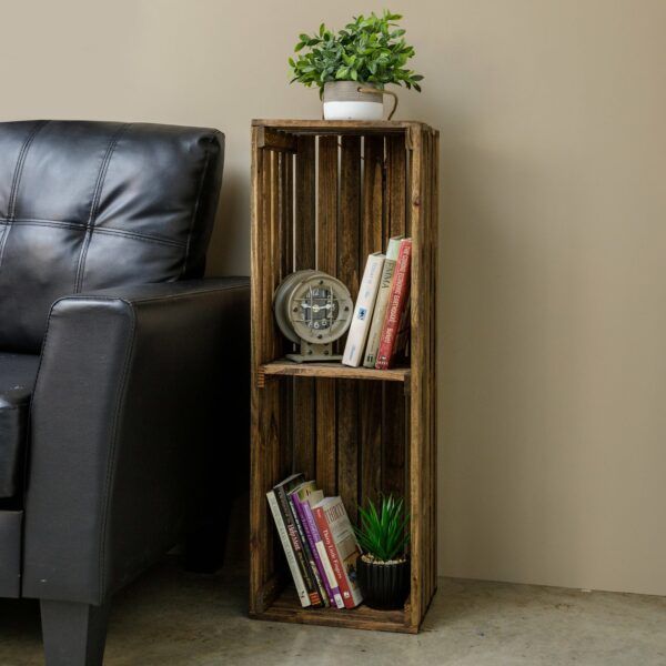 Narrow wooden bookcase with two shelves