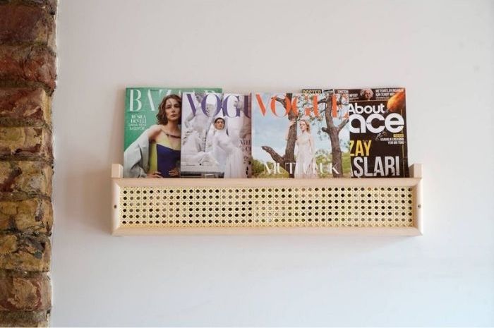 Wooden book rack with rattan front panel
