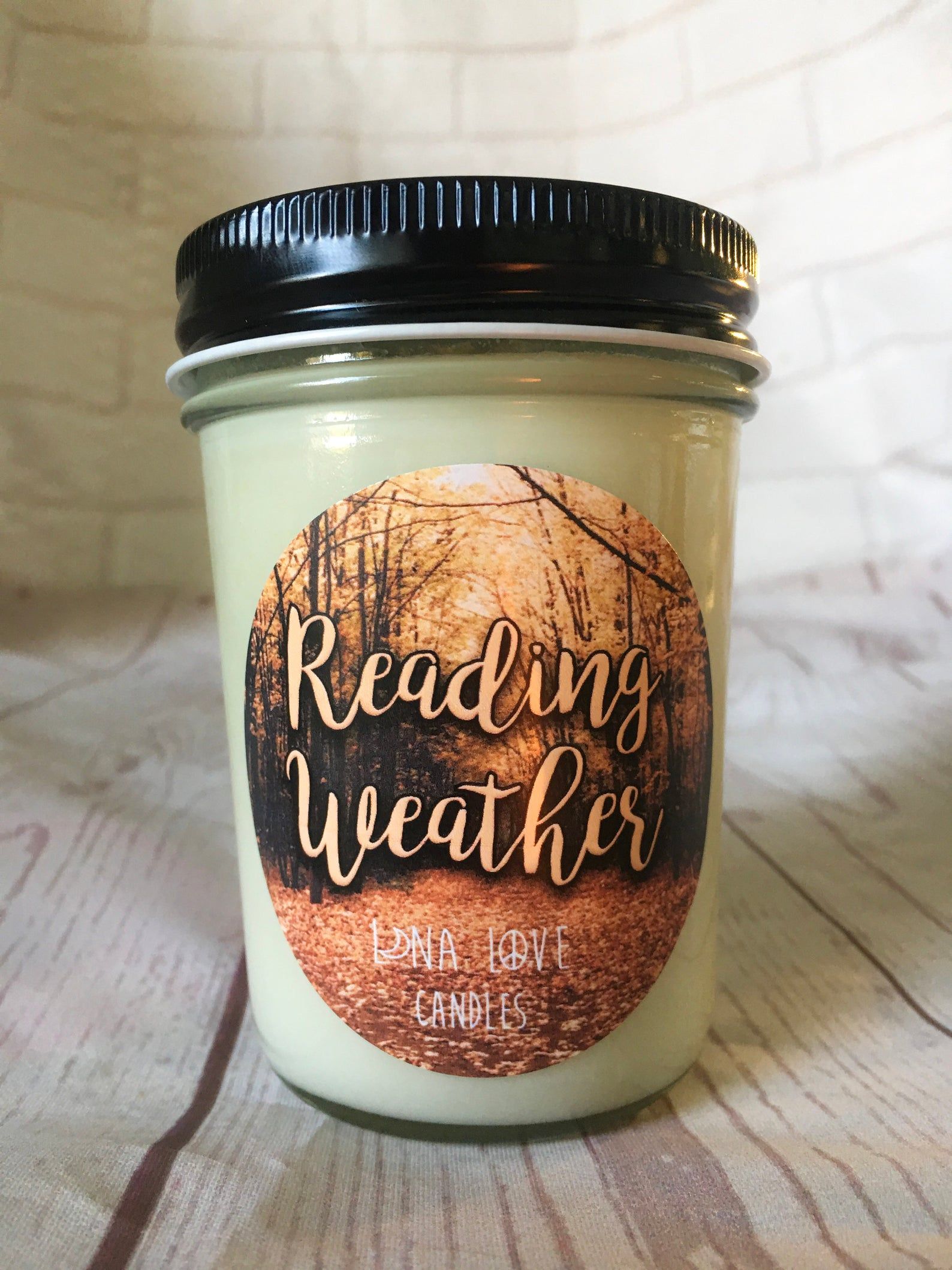 Image of "reading weather" scented soy candle. 