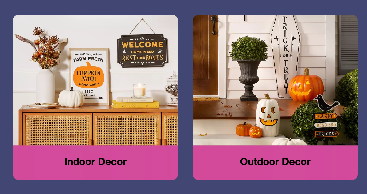 Image of advertisement for indoor and outdoor halloween decorations at Target. 