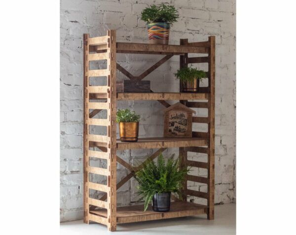 Tall wooden bookcase with open slatted sides