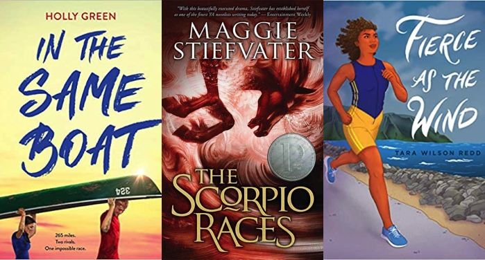 collage of three book covers: On the Same Boat by Holly Green; The Scorpio Races by Maggie Stiefvater and Fierce As the Wind by Tara Wilson Redd
