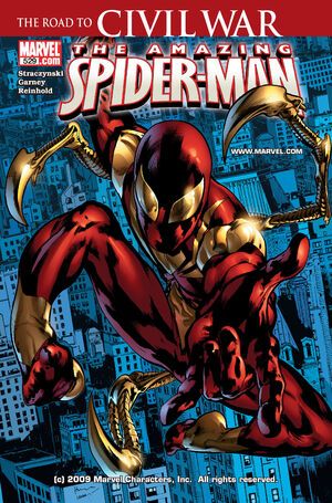 Image of Road to Civil war The Amazing Spider-man comic book cover featuring Iron Spider. 
https://m.media-amazon.com/images/I/61ke+RcUhFL._SY346_.jpg