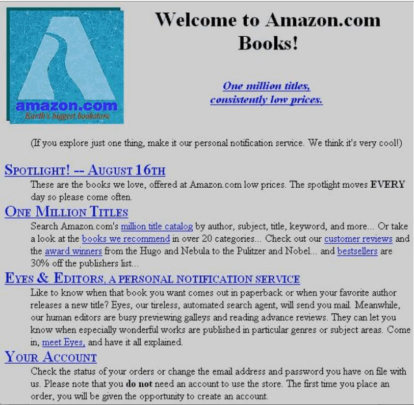 An image of Amazon's first website from 1995. Ret. from VersionMuseum.com