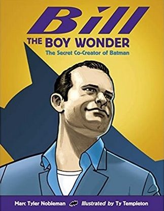 An illustrated portrait of Bill Finger with a slanted shadow of Batman's cowl behind him
