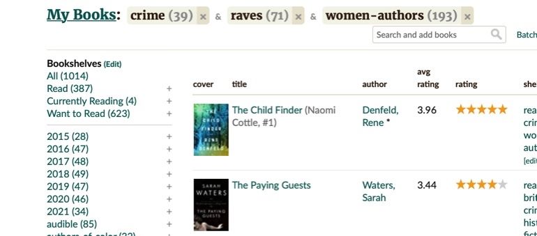 Screenshot of cross-referenced shelves on Goodreads. 