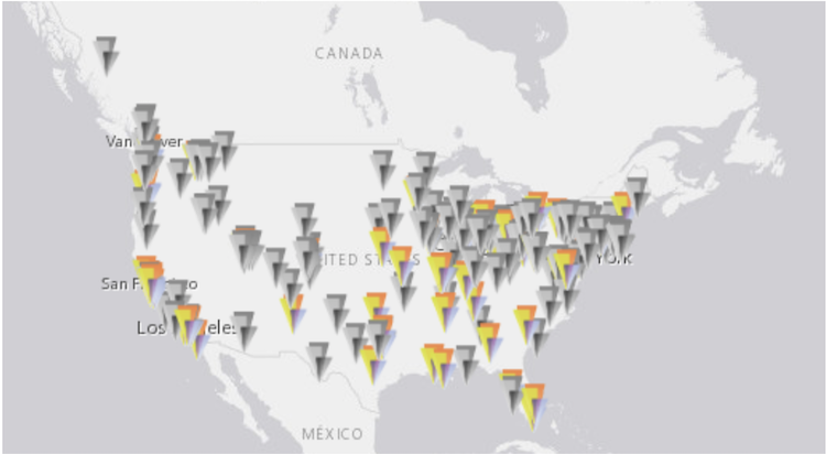 A map of most of North America with small flags to indicate libraries that have gone fine-free. 
