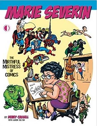 A caricature of Marie Severin at her desk, surrounded by Marvel characters