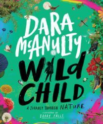 Book Cover for Wild Child, a green background with flowers, grasses and colourful plants around the border