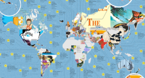 Map with covers of popular children's books in every country