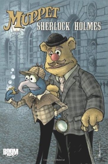 Gonzo as Holmes and Fozzie as Watson stand on a Victorian street.