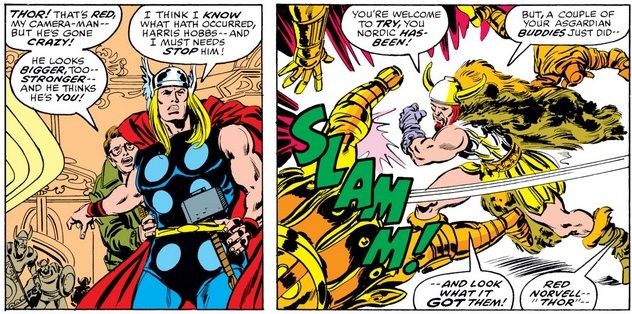 Thor and Hobbs are stunned to see a transformed Red Norvell easily beat up Asgardians.