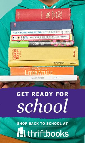 Get Ready for School text with stack of books and ThriftBooks logo