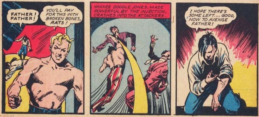 From Yankee Comics #1. Yankee punches out a Nazi. Dandy, mourning his father, injects himself with serum.