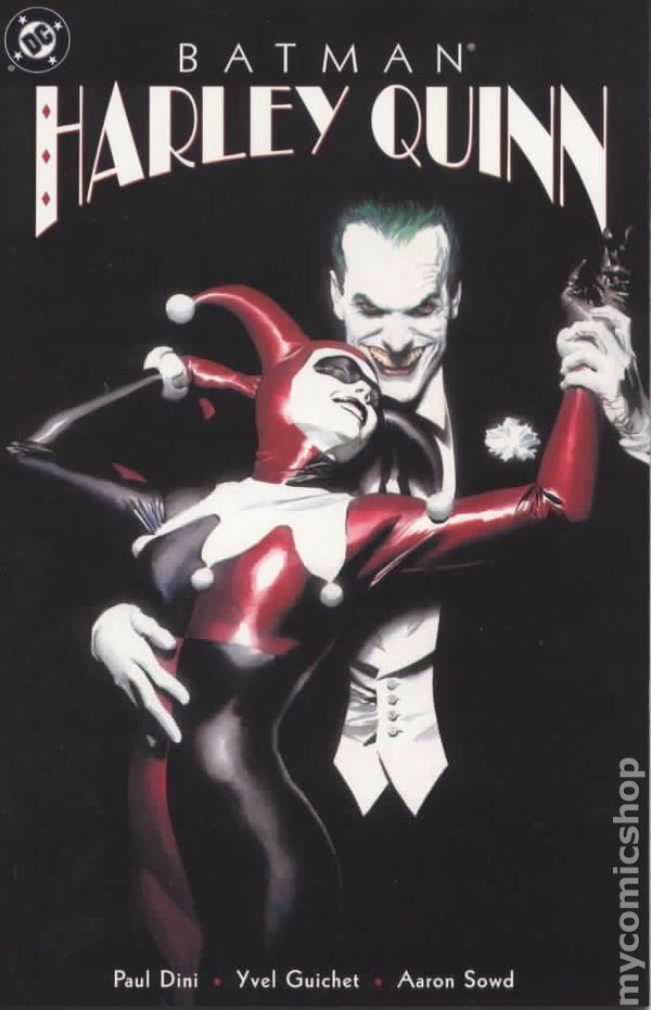The cover to Batman: Harley Quinn, which is a painting by Alex Ross showing Harley in the Joker's arms. She's gazing up at him adoringly and he's smiling cruelly at the viewer.