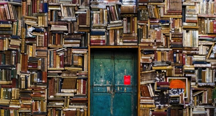 image of blue wooden door surrounded by book covered wall