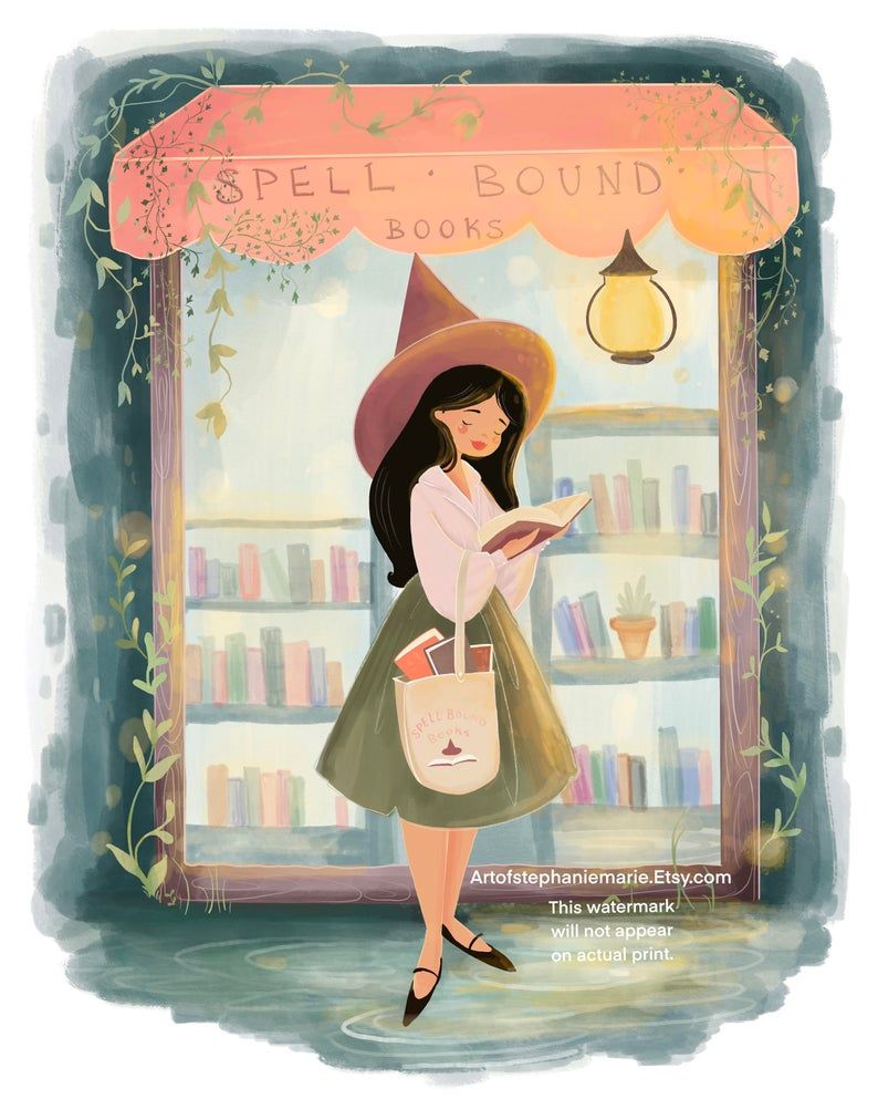 Image of bookshop witch print. 