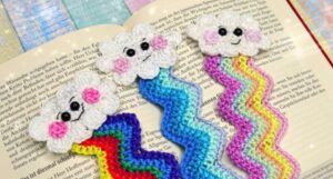 three cloud crocheted bookmarks