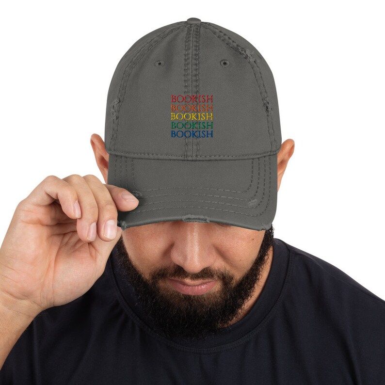 hat that says "Bookish" five times in rainbow colors