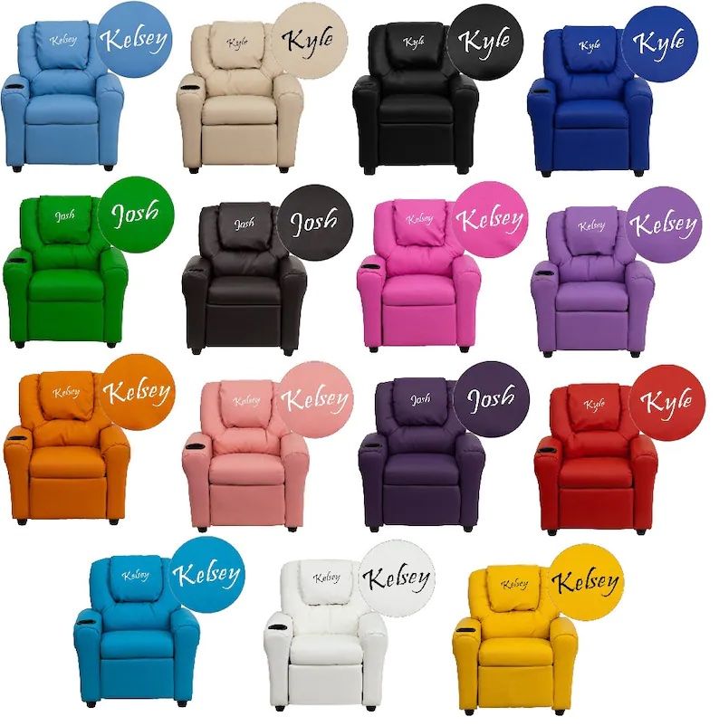 collection of different colored kids armchairs embroidered with names on headrests