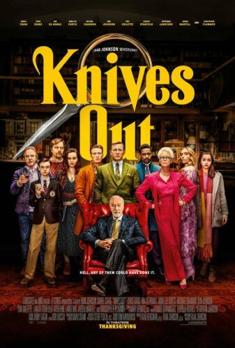 movie poster for the 2019 film Knives Out, featuring the whole cast standing under the title