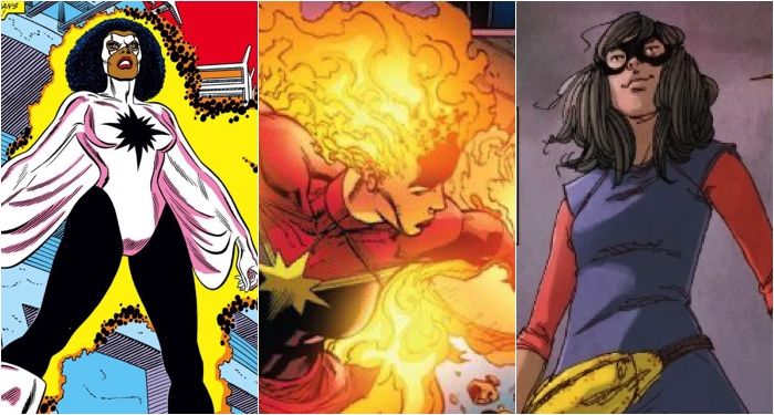 collage of images of Monica Rambeau, Carol Danvers, and Kamala Khan taken from comics panels