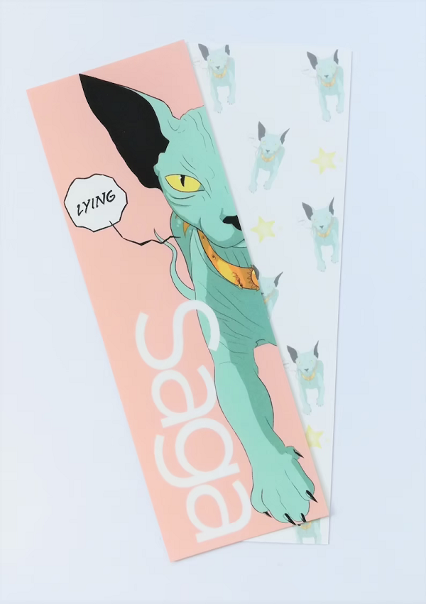 Two bookmarks featuring Lying Cat from Saga.