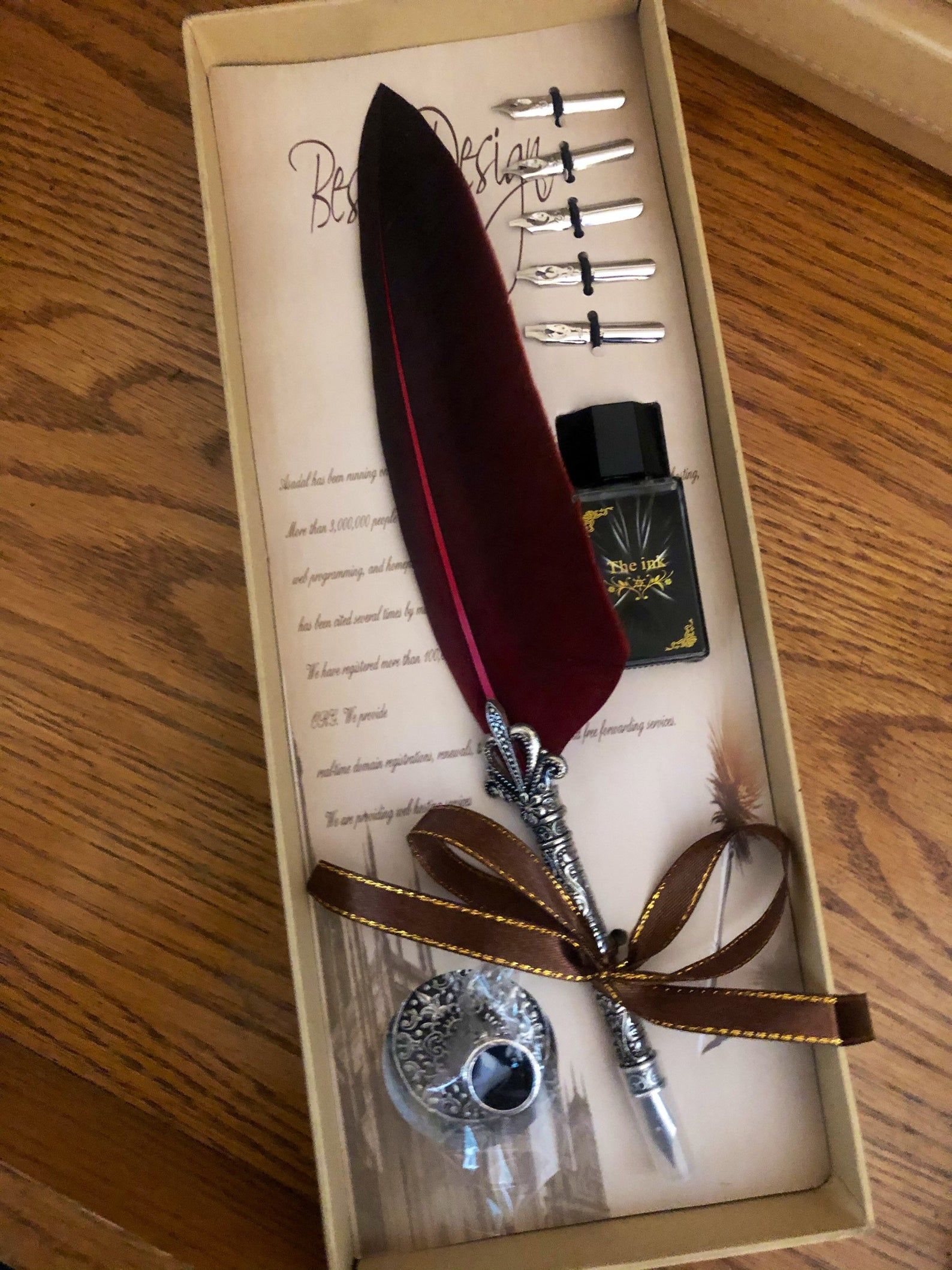 Image of stationary kit with feather pen and nibs. 