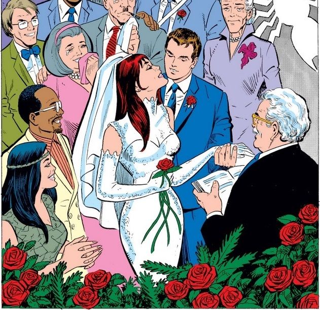 From The Amazing Spider-Man Annual #21. Peter Parker and Mary Jane Watson marry in front of their friends and relatives.