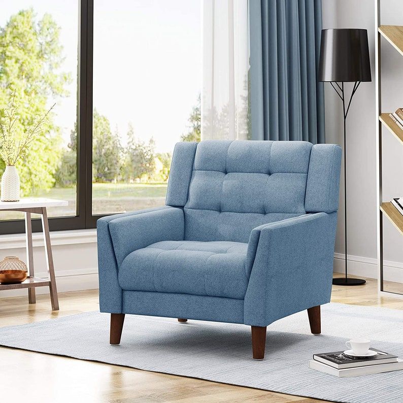 blue Mid Century Modern Fabric Arm Chair