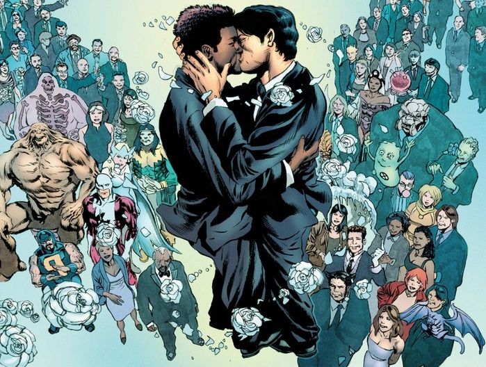 From Astonishing X-Men #51. Northstar and Kyle Jinadu float in the air and kiss high above the guests at their wedding.