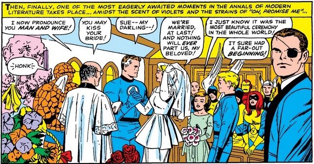 From Fantastic Four Annual #3. Reed Richards and Sue Storm are married as all of their superhero friends look on.