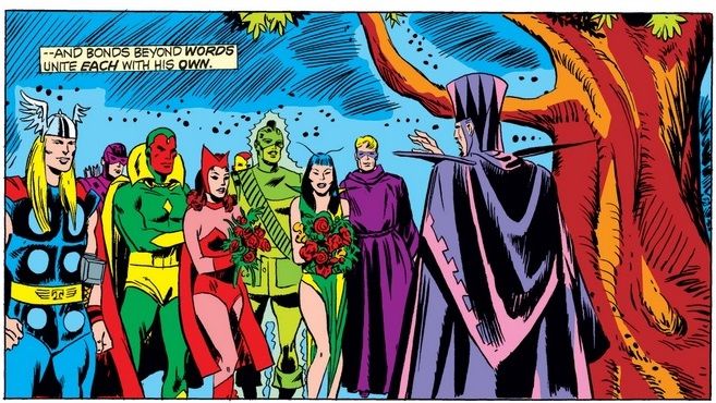 From Giant-Size Avengers #4. Vision & Scarlet Witch and Mantis & "Swordsman" are married in the presence of the other Avengers.