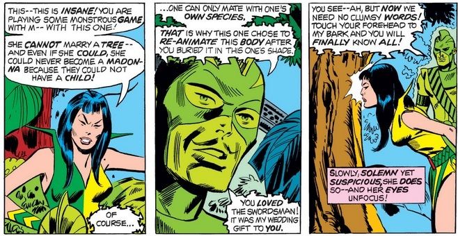 Three panels from Giant-Size Avengers #4. A glowing, ghostly Swordsman explains to Mantis that he is inhabited by the spirit of a nearby tree. She examines the tree to verify his story.