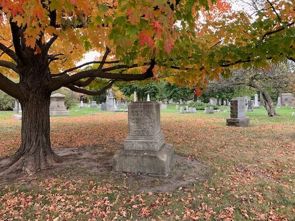 Gravestone underneath a tree on a fall day