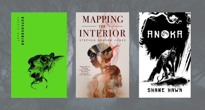 collage of three Indigenous horror novels with forest at night as background
