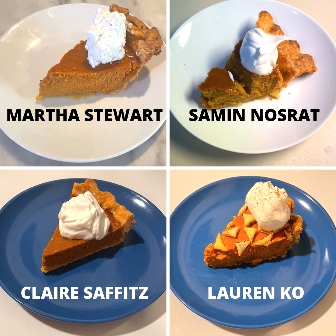 Four photos edited together of single slices of pumpkin pie, made from recipes by Martha Stewart, Samin Nosrat, Claire Saffitz, and Lauren Ko