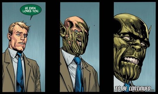 Three panels from Secret Invasion #1. A man appearing to be Hank Pym slowly transforms into his true self: a Skrull.