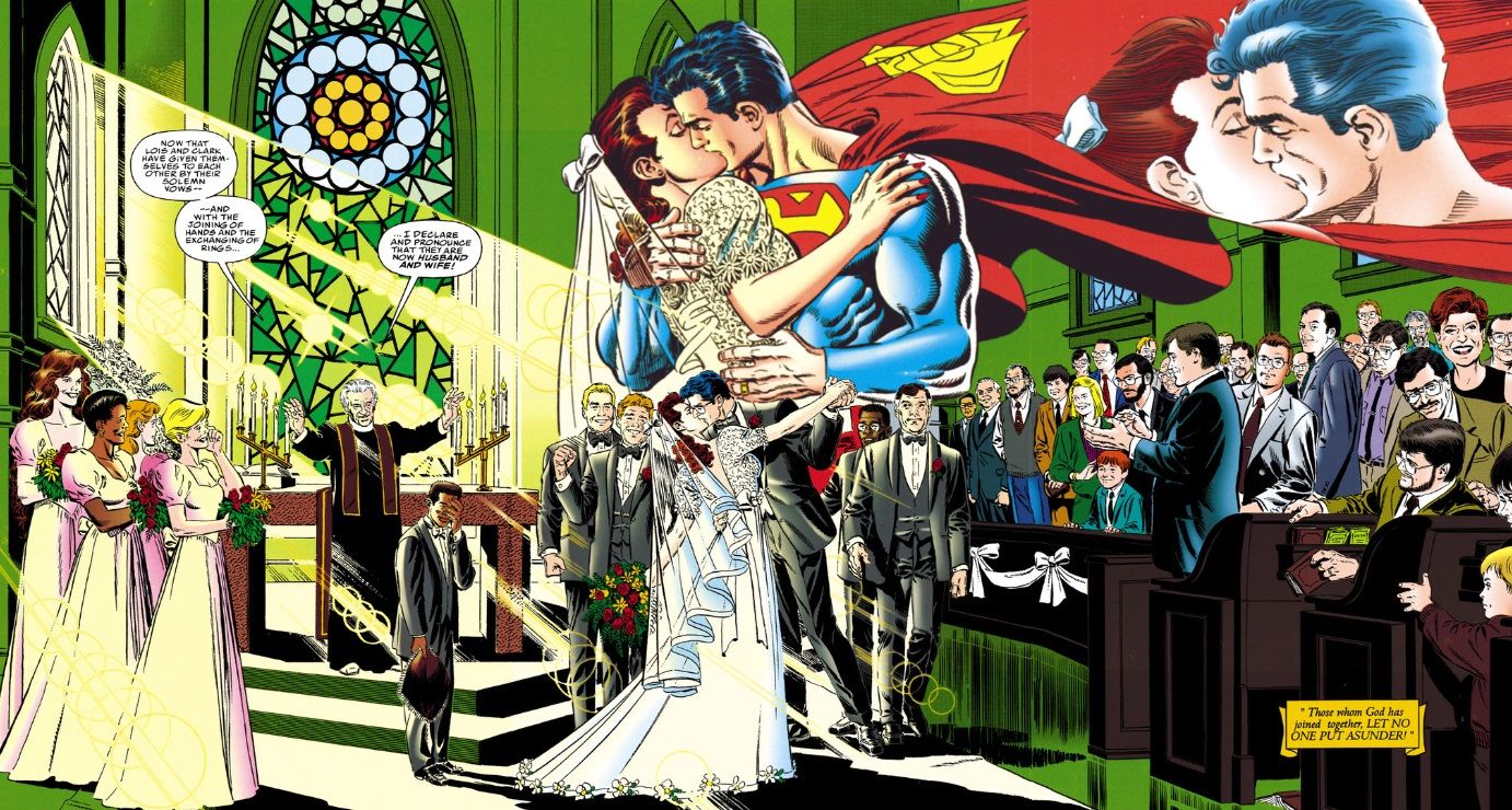 From Superman: The Wedding Album. Two-page spread of Clark and Lois's wedding. They kiss in a sunlit church filled with family and friends.