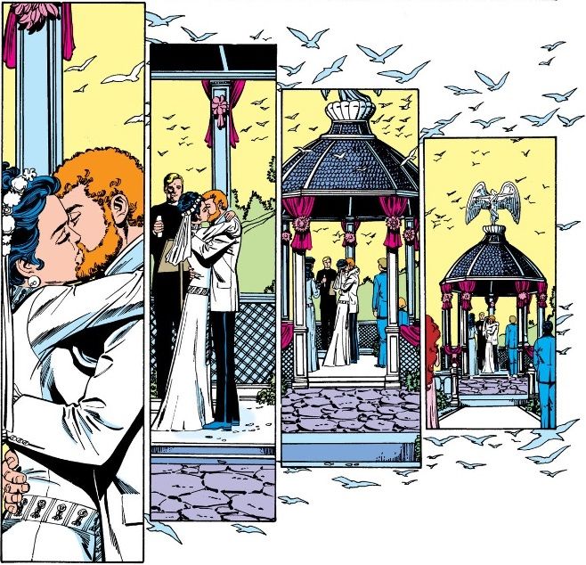 From Tales of the Teen Titans #50. Donna Troy and Terry Long kiss at the altar as doves fly all around them.