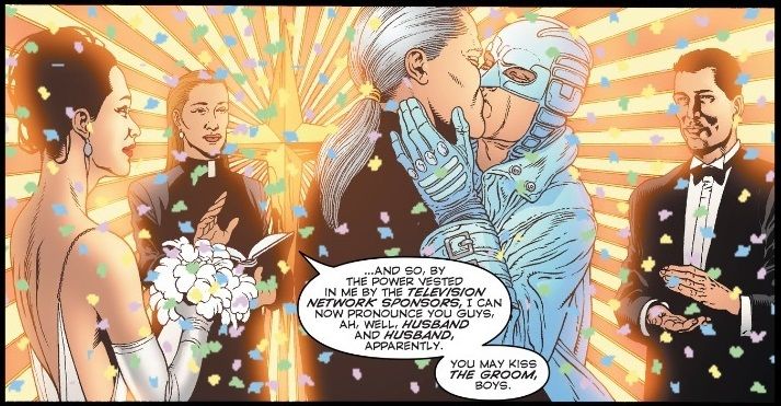 From The Authority #29. Apollo and Midnighter kiss amid a bright background as confetti falls all around them and their friends.