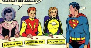 panel from Adventure Comics #247 showing Superboy with Cosmic Boy, Lightning Boy, and Saturn Girl