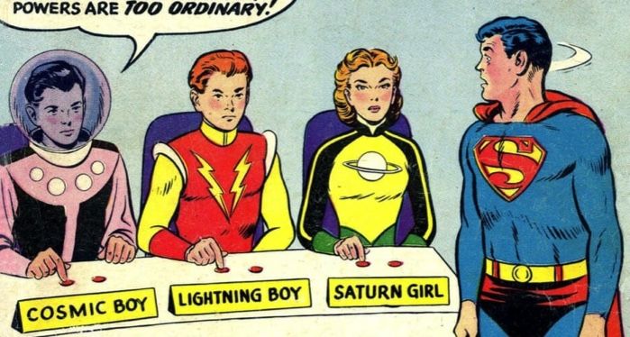 panel from Adventure Comics #247 showing Superboy with Cosmic Boy, Lightning Boy, and Saturn Girl